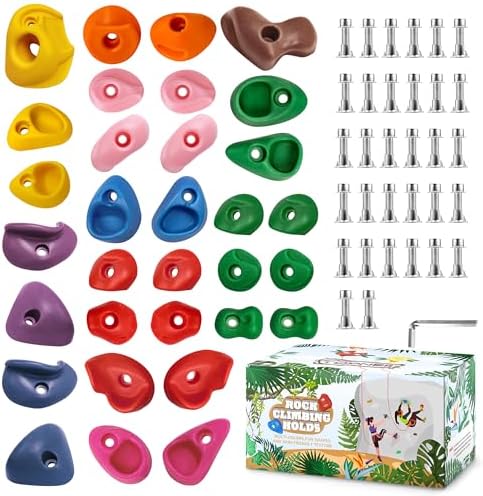 TOPNEW 32 Rock Climbing Holds Multi Size for Kids, Adult Rock Wall Holds Climbing Rock Wall Grips for Indoor and Outdoor Playground Play Set - Includes 2 Inch Mounting Hardware