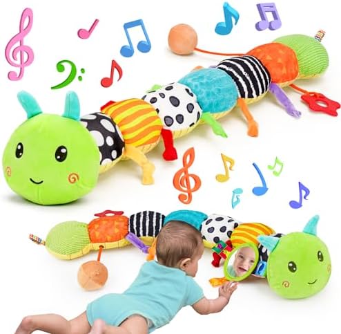 Baby Sensory Toy 0-6 Month Music Animal Stuffed Plush Caterpillar Toy for Infant 0-3-6 Month Tummy Time with Baby Mirror Crinkle Rattle for 6-12 Month Easter Toy for Newborn Boys Girls Birthday Gifts