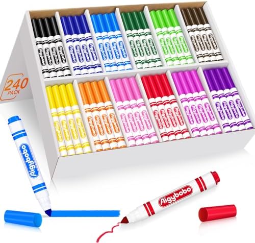 Aigybobo 240 Count Washable Markers Bulk, 12 Assorted Colors, Broad Line Conical Tip Coloring Markers for Kids, Markers Bulk Pack for Classroom, School Art Supplies & Back to School Supplies