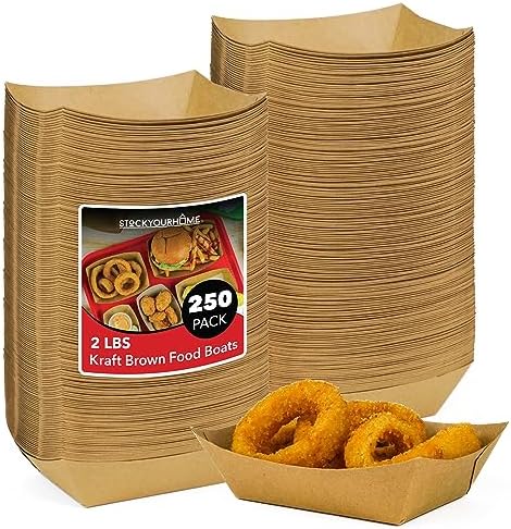 [250 Pack] Large Disposable Brown Kraft Paper Food Trays, 2-Lb Concession Tray, Serving Boats for Party Snacks, Taco Bar, Seafood, Nachos Plates