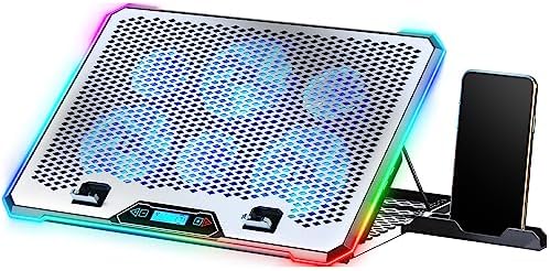 Aluminum Alloy Laptop Cooling Pad，RGB Gaming Laptop Cooler with 6 Quiet Cooling Fans for 15.6-17.3 inch laptops, 9 Height Stand, LCD Screen, 4 USB Ports with 1 3.0HUB 2 2.0HUB, Lap Desk Use