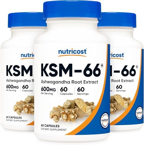 Nutricost KSM-66 Ashwagandha Root Extract 600mg, 60 Veggie Caps (3 Bottles) - 5% Withanolides - with BioPerine