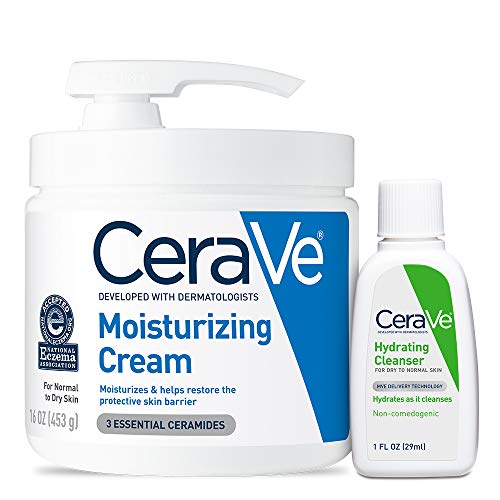 CeraVe Moisturizing Cream Combo Pack, Contains 16 Ounce with Pump & 1 Ounce Hydrating Facial Cleanser, Dry Skin Relief