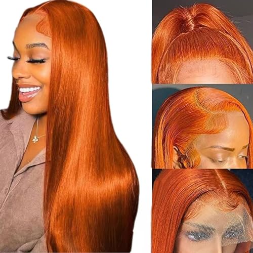 Ginger Wig Human Hair 13x4 Straight Ginger Orange Lace Front Wigs Human Hair HD Transparent Lace Frontal 350 Colored Human Hair Wig Pre Plucked With Baby Hair 180% Density 20inch