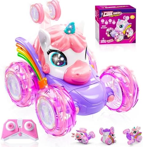 Unicorn Remote Control Car for Girls, 360° Rotating 4WD Stunt RC Cars with Cute Lights, Rechargeable Car Toys Birthday Gifts for Kids Girl Age 3 4-6 6-8