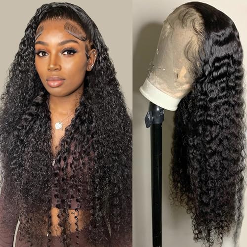 Deep Wave Lace Front Wigs Human Hair 13x4 HD Transparent Lace Frontal Curly Wigs for Women Human Hair 180% Density Glueless Wigs Human Hair Pre Plucked with Baby Hair Natural Color (20 Inch)