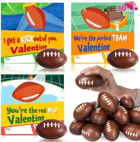 JOYIN 30 Pcs Valentine's Day Cards with Stress Footballs for Kids, Mini Squeeze Footballs Foam for Classroom Gift Exchange Prizes, Anxiety Relief Foam Balls for Valentine's Party Favors