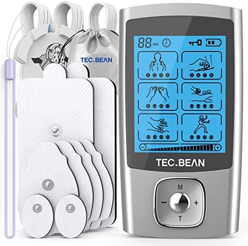 24 Modes Tens Unit Muscle Stimulator, Rechargeable Tens Machine with 8 Electrode Pads (American Gel), Electric Pulse Massager for Pain Relief Therapy（Silver