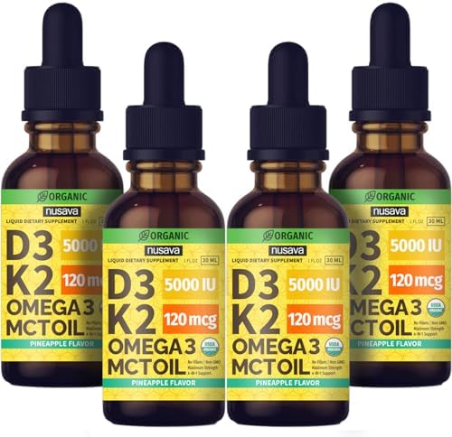 (4 Pack) Organic Vitamin D3 K2 Drops w MCT Oil Omega 3, 5000 IU, Maximum Strength Vitamin D Liquid 5000 IU, No Fillers, Non-GMO Liquid D3 for Faster Absorption & Immune Support (Pineapple, 4 Fl Oz)