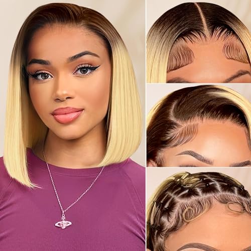 4/613 Blonde Bob Wig Human Hair 13x4 Blonde Lace Front Wigs Human Hair Wigs For Women 180% Density Ombre Brown Roots Blonde Straight Glueless Short Bob Wig with Pre Plucked 12 Inch