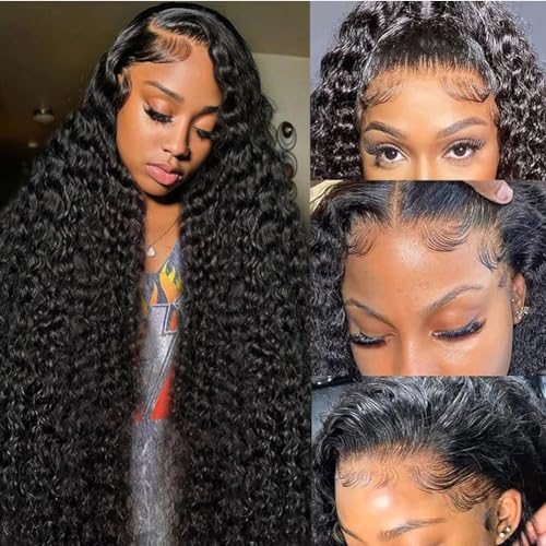 32 Inch 13x6 Deep Wave Lace Front Wigs Human Hair Pre Plucked 200% Density HD Transparent Lace Frontal Wigs Human Hair for Women Glueless Wigs Deep Curly Wigs Natural Black