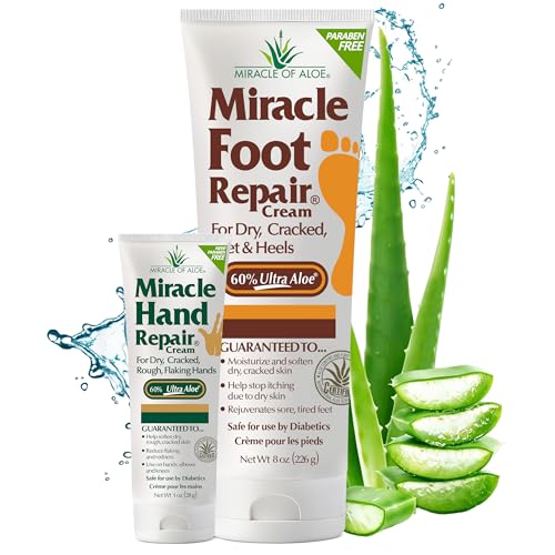 Miracle Foot Repair Cream, 8 oz + 1 oz Miracle Hand Repair, Healing Aloe Vera Lotions for Dry, Cracked Hands and Feet, Diabetic-Safe, Moisturizes, Softens, and Repairs