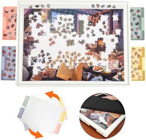 1000 Pieces Rotating Plastic Puzzle Board with Drawers and Cover, 30"x22" Portable Spinning Jigsaw Puzzle Table for Adults, Upgraded Lazy Susan, Ideal Gift for Mum