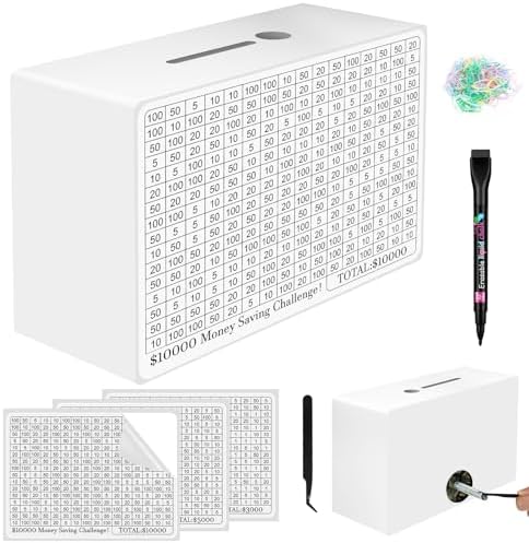 Wooden Money Saving Box, Cash Savings Box for $10000 $5000 $3000 Target Money Saving Challenge, Reusable Money Box with Counter, Cash Vault Bank with Dry Erase Pen/Savings Trackers/Rubber Band-White