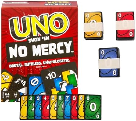 Xtacy UNO Mattel Games UNO Show ‘em No Mercy Card Game for Kids, Adults & Family Night with Extra Cards, Special Rules & Tougher Penalties