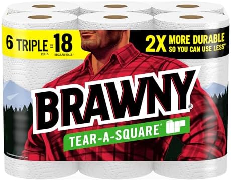 Brawny Tear-A-Square Paper Towels, 6 Triple Rolls = 18 Regular Rolls, 3 Sheet Sizes (Quarter, Half, Full), Strength for All Messes, Cleanups, and Meal Prep