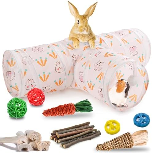 HERCOCCI Rabbit Toys, Bunny Tunnels & Tubes, Collapsible 3 Way Rabbit Hideout Tunnel with Chew Toys for Bunny Guinea Pig Ferret Kitten