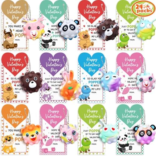 24Pack 3D Animal Pop Balls Fidget Toys with Valentines Day Cards for Kids School Classroom, Class Valentine Gifts Exchange for Toddlers Boys Girls Party Favors