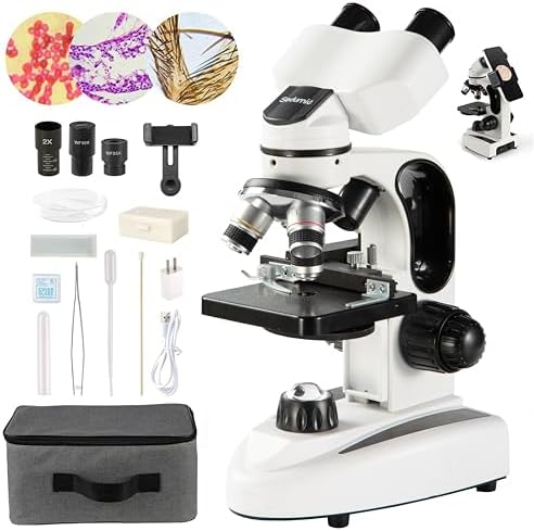 Compound Binocular Microscope 40X-2000X LED Lighting for Kids Students Adults School Laboratory Home Education with Microscope Slides Set Phone Adapter Spiral Moving Scale