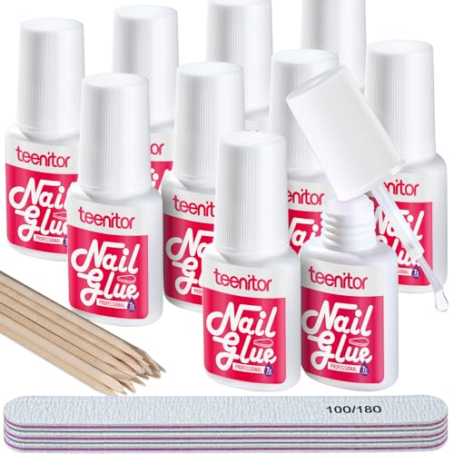 Teenitor Best Nail Glue for Press Ons, 10 Pack Brush On Nail Glue Strong for Acrylic Nails with Nail File, Fake Nail Glue Pink Nail Glue