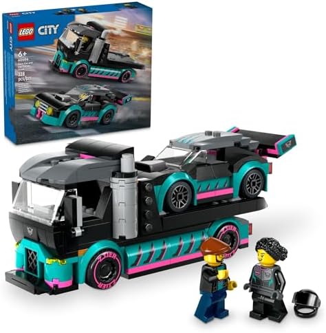 LEGO City Race Car and Car Carrier Truck Toy Playset, Vehicle Transporter with Adjustable Loading Ramp and Race Car Toy, Racer and Driver Minifigures, Fun Gift for Kids Ages 6 and Up, 60406