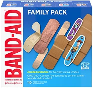 Band-Aid Adhesive Bandage Family Variety Pack in Assorted Sizes Featuring Water Block & Skin Flex, Flexible Fabric, Tough Strips & Pixar Character Bandages, 110 Count