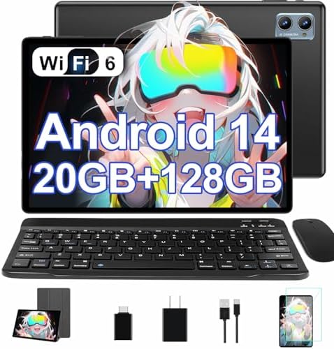 2025 Tablet 10 inch Android 14 Tablets with Keyboard Mouse, 20GB RAM 128GB ROM 1TB Expand 2 in 1 Tablet with Octa-core 6000mAh, HD IPS Display, Widevine L1, 5G WiFi 6, Dual Camera, GMS (Black)
