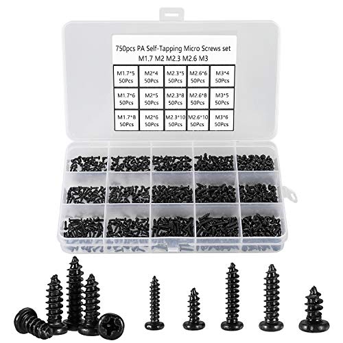 750Pcs Small/Micro/Tiny/Mini Self-Tapping Screws,M1.7 M2 M2.3 M2.6 M3 Phillips Pan Head Screws for Laptop Computer Repair,Cross Recessed Wood Screws,DIY Electronic Screws,Carbon Steel (Black)
