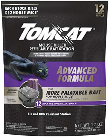 Tomcat Mouse Killer Refillable Bait Station with Advanced Formula Bait, 1 Station and 12 Poison Block Refills
