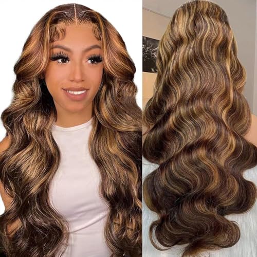 Ombre Lace Front Wig Human Hair - 13x6 HD Highlight Body Wave Lace Front Wig Human Hair Pre Plucked With Baby Hair,180% Density Colored Glueless 4/27 Honey Blonde Frontal Wigs Human Hair 32 inch