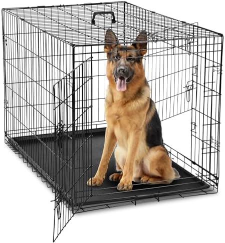 DUMOS Dog Crate, 42 Inch Large Double Door Dog Cage with Divider Panel and Plastic Leak-Proof Pan Tray, Folding Metal Wire Pet Kennel for Indoor, Outdoor, Travel