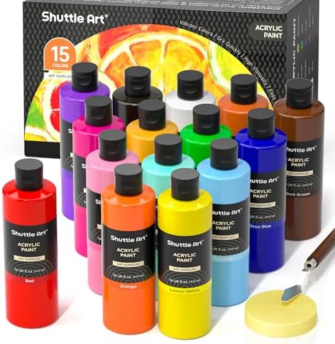 Shuttle Art Acrylic Paint, 15 Colors Acrylic Paint Large Bottle Set, 473ml/16oz Each, Rich Pigments, High Viscosity, Bulk Paint for Artists, Beginners and Kids on Rocks Crafts Canvas Wood Ceramic