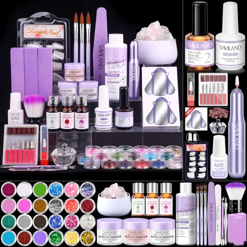 SAVILAND Professional Acrylic Nail Kit: Nail Kit Acrylic Set with 4OZ Large Capacity EMA Monomer Nail Drill 30 Days Wear Acrylic Powder Brush Essential Oil Nail Extension Manicure Christmas Gift
