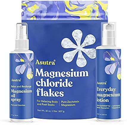 ASUTRA Ultimate Topical Magnesium Bundle, 4 fl oz Magnesium Oil Spray, 4 lb Bag of Magnesium Chloride Bath Flakes, 6.76 fl oz Everyday Magnesium Lotion, Magnesium Derived from Zechstein Seabed