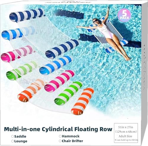 Pool Floats Adult Size - 5 Pack Pool Floaties Hammock Multi-Purpose 4-in-1 Pool Noodles Floaties for Adults (Blue, Dark Blue, Rose Red, Green, Orange)