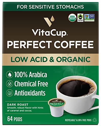 VitaCup Perfect Low Acid Coffee Pods, USDA Organic & Fair Trade, Mycotoxin Free, Dark Roast Guatemala Single Origin, Clean & Pure Recyclable Single Serve Pod compatible w/Keurig K-Cup Brewers,64 CT