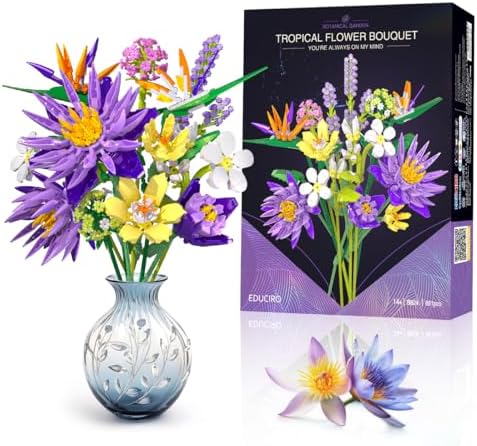 BIGEARN Flowers Bouquet Building Set for Adults - Botanical Collection - Artificial Flowers for Home Deco - Gift for Birthday, Mother's Day for Her and Women