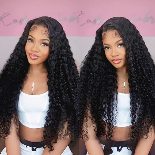 26 Inch 13x6 Full Lace Front Wigs Human Hair Pre Plucked Deep Wave 180 Density HD Lace Frontal Wig With Baby Hair Transparent Glueless Deep Curly Human Hair Wigs for Women…