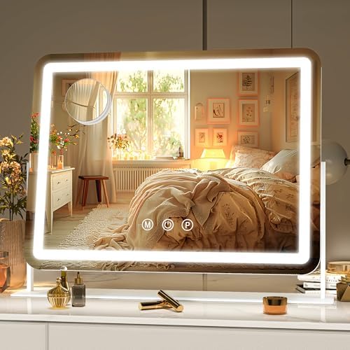 Hasipu Vanity Mirror with Lights, 16" x 12" LED Makeup Mirror, Light up Mirror with 10X Magnification, Smart Touch 3 Colors Dimmable, 360° Rotation (White)