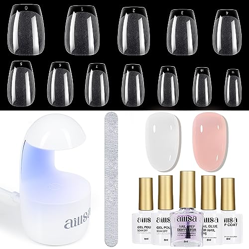 AILLSA Soft Gel Nail Kit Short Coffin Nail Tips 240pcs with 2 In 1 Nail Glue Base Coat and Nail Dehydrator, False Nail Tips Kit with U V Light Top Coat for Beginners DIY Home Salon