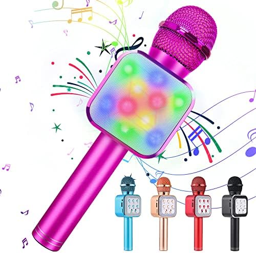 KIDWILL Wireless Bluetooth Karaoke Microphone for Kids, 5-in-1 Portable Handheld Karaoke Mic Speaker Player Recorder with LED Lights for Kids Girls Boys Teens Birthday (1818-Hot Pink)