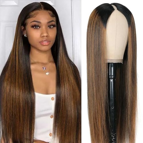 Highlight Ombre V Part Wigs Human Hair Straight Brazilian Virgin Human Hair Wigs Balayage Blonde Upgrade U Part Wigs 180% Density Glueless Full Head Clip In Half Wigs 26inch #FB30