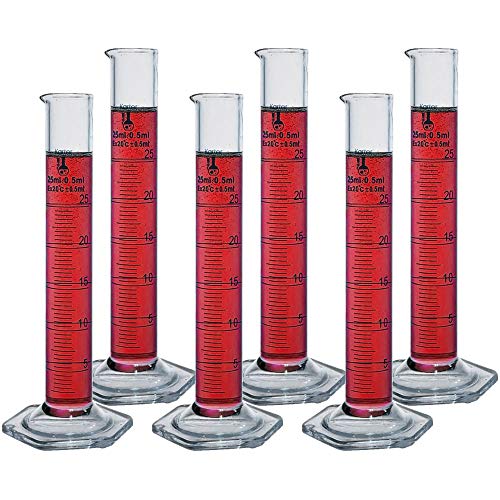 25ml Graduated Cylinder, Borosilicate 3.3 Glass, Single Metric Scale, Class B, Karter Scientific 233B3 (Pack of 6)