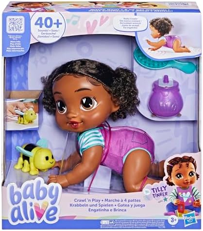 Baby Alive Crawl 'n Play Tilly Tinker Electronic Crawling Baby Doll Set, Black Hair, Kids Toys for Girls & Boys 3 Years & Up, 10.75 Inches