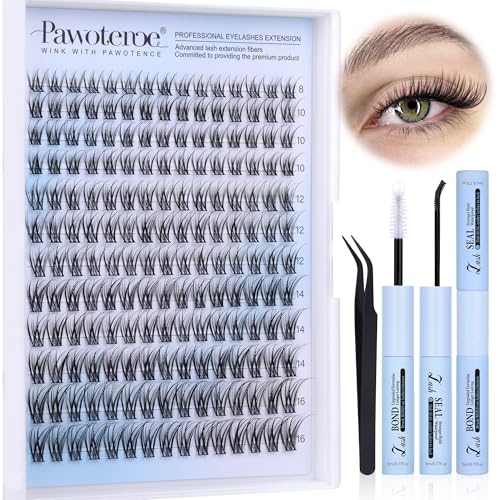 Pawotence Lash Clusters Kit Wispy Lash Extension Kit Natural 180pcs Cluster Eyelash Extensions Kit Individual Lashes 8-16mm Eyelash Clusters Kit with Lash Cluster Bond Seal and Lash Tweezers