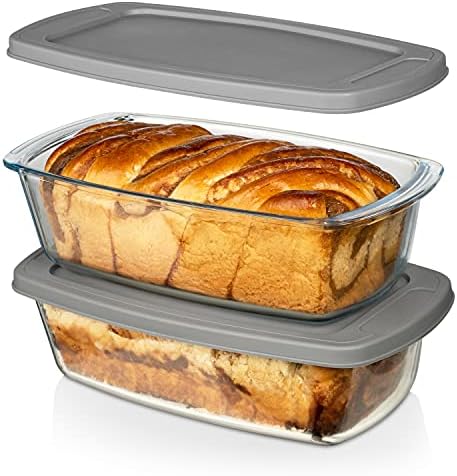 Razab LARGE 7.6 Cups/1800 ML/1.9 Qt Glass Loaf Pan with Lids (Set of 2) - Meatloaf Pan BPA free Airtight Lids Grip Handle Easy Carry, Microwave and Oven Safe - Loaf Pans For Baking Bread, Cakes