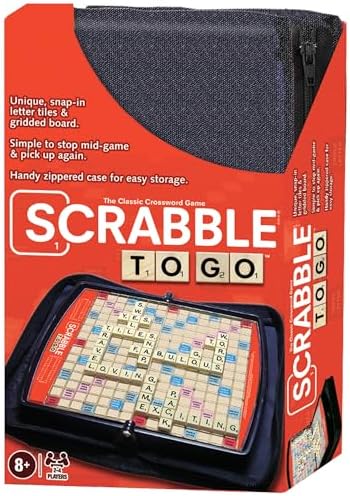 Winning Moves Games Scrabble to Go USA, a Travel Version of The World's Favorite Word Game, for 2 to 4 Players, Ages 8+ (1202), Black,red