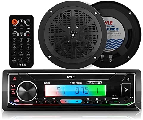 Pyle Bluetooth Marine Receiver Stereo & Speaker Kit 300W Single DIN Boat Marine Head Unit l LCD, Mic, Hands-Free Calling, AUX, MP3/USB/SD, AM/FM Radio, Remote - PLMRK47BK (Black)