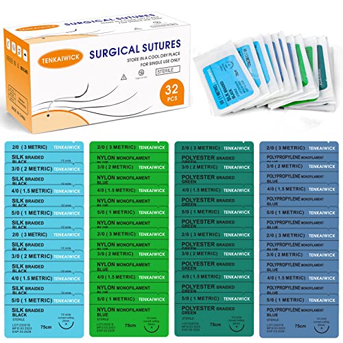 32 Packs Sutures Thread with Needle,Mixed Sutures, Training Threads (Non-Absorbable: Nylon, Polyester, Polypropylene,Silk,4 Material) for Practicing Suturing can be Used for Suture Pads, Fruit peels