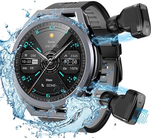 Watch with Earbuds,Waterproof 5 in 1 Smart Watch with Earbuds,Combo Smart Watch&TWS Earbuds&MP3&BluetoothSpeakers for Android iOS Make Receive Calls with Sleep Monitor for Men Women (Round Black)